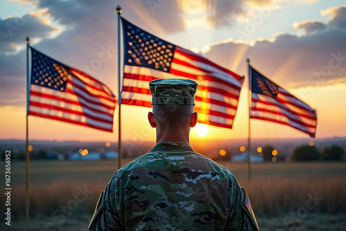 Soldier honors american flags at sunset revealing patriotism in a national landscape representing veterans day and memorial day