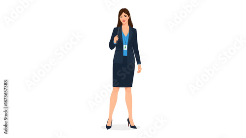Illustration of a professional businesswoman in formal office attire holding documents, representing confidence, leadership, and professionalism.
