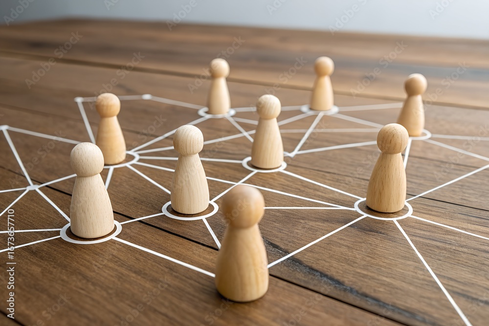 Obraz premium Wooden figures connected by lines on a wooden surface on transparent background