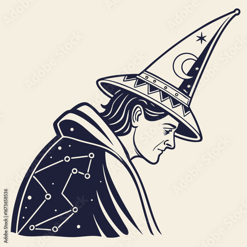 Vector art of mystical wizard with starry cape and hat