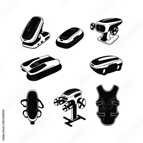 Diverse silhouettes of physiotherapy robots, showcasing design variations for rehabilitation and physical therapy treatments in a black and white style