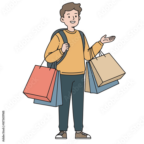 Vector illustration of a cheerful young man holding multiple shopping bags after a successful day of retail therapy, representing consumerism and satisfaction