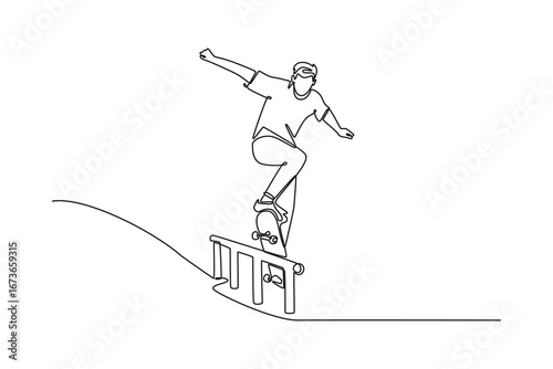 Continuous one line drawing man performing rail grind on a metal rail. Symbolizing technical skill, balance, and energetic culture of skateboarding. Single line draw design vector graphic illustration