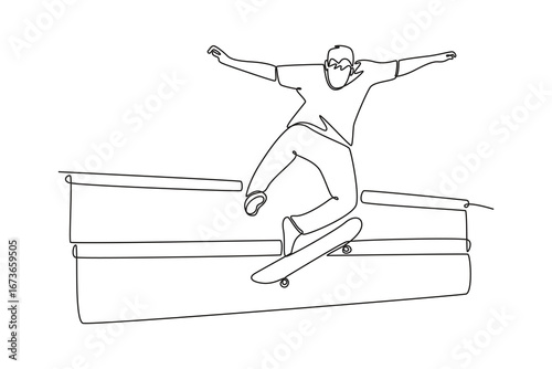 Continuous one line drawing sporty man performing a grind trick on ledge. Symbolizing balance, freedom, and the energetic culture of skateboarding. Single line draw design vector graphic illustration