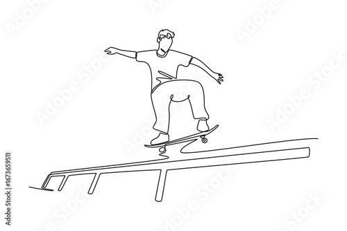 Continuous one line drawing attractive male performing rail grind on a metal rail. Technical skill, balance, and energetic culture of skateboarding. Single line draw design vector graphic illustration