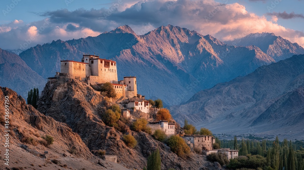 Naklejka premium Captivating sunset view of a monastery nestled atop a rugged mountain landscape