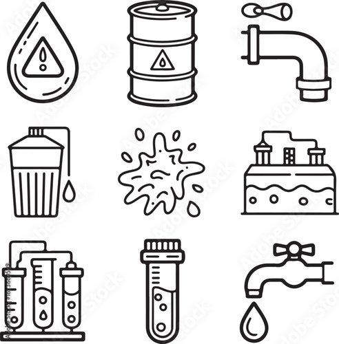 Environmental Water Care Doodle Icon Pack – Contaminants, Chemical Waste, and Water Purification