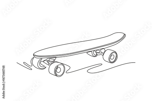 Single continuous line drawing a longboard-style skateboard. Embodying a recreational activity, athletic sport, and the essence of a fun hobby. Dynamic one line draw graphic design vector illustration