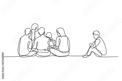 Simple line drawing illustration of a group of people sitting together on the left and one person sitting alone on the right isolated