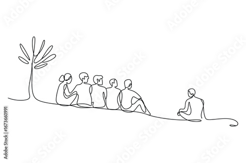 Minimalist line art drawing of a group of people sitting in a circle under a stylized tree with one person meditating separately