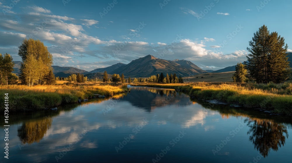 Fototapeta premium Serene Mountain Reflection - Calm River Landscape with Golden Meadow and Cloudy Sky.