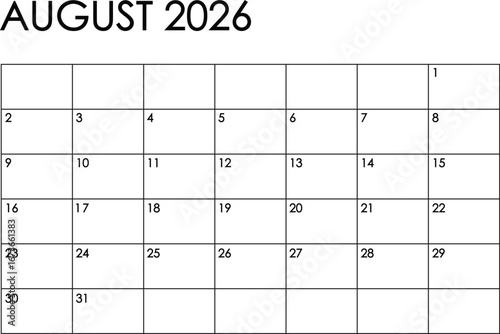 August 2026 month calendar - Sunday to Saturday format. Simple black and white design	