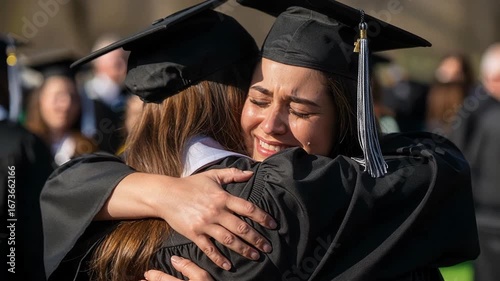 Emotional graduation moment as two graduates embrace celebrating academic achievement with tears of joy and overwhelming happiness