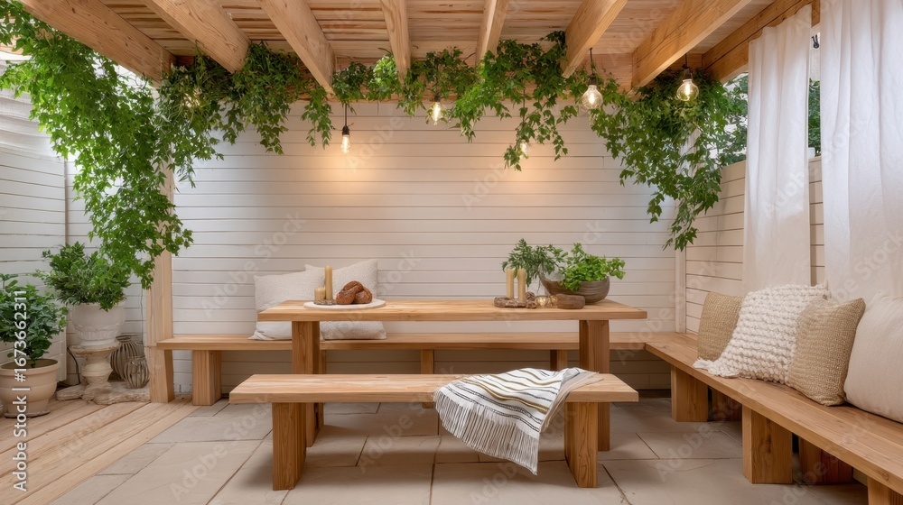 Fototapeta premium Relaxing outdoor dining area with wooden seating and lush greenery in a serene garden setting