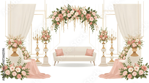 Elegant modern living room interior with white sofa, golden accents, decorative plants, and floral arrangements creating a luxurious and stylish atmosphere.