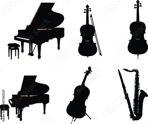 Classical music instrument silhouettes with grand piano, violin, cello, double bass, and saxophone for orchestra, jazz, concert, and education design