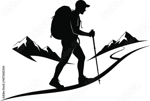 Mountain Hiker on a Trail with a Backpack Silhouette