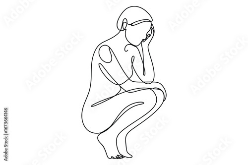 Minimalist continuous line drawing of a pensive female figure in a crouching pose with hand to face expressing contemplation and introspection