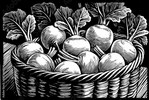 basket with turnips decorated with leafy stems, organic healthy arrangement, traditional still life black and white sketch