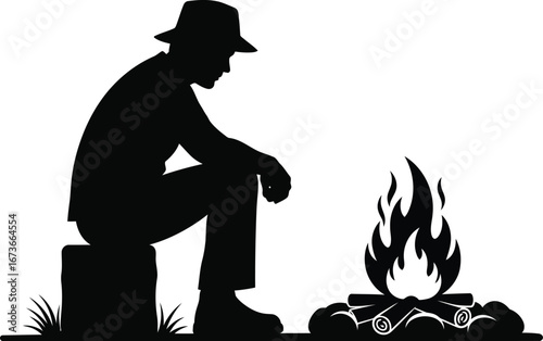 Man Camping and Sitting by a Bonfire Silhouette Vector