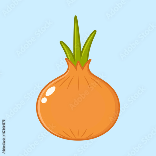 Cartoon onion illustration with green sprouts on a light blue background.