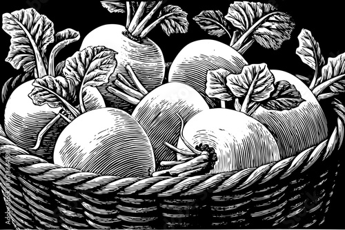 basket with turnips decorated with leafy stems, organic healthy arrangement, traditional still life black and white sketch
