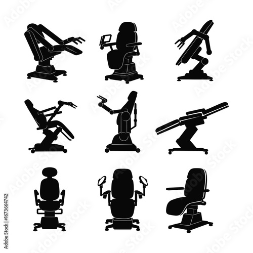 Black silhouette icon set of an advanced physiotherapy robot and automated chairs for futuristic healthcare and medical technology