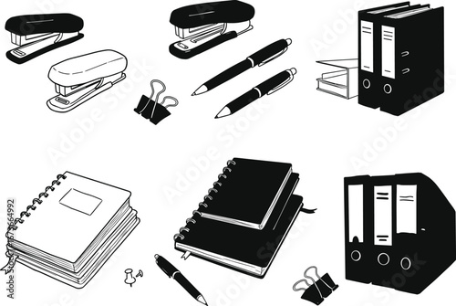 Office supplies silhouette set with stapler, pens, notebooks, binders, push pins, and paper clips vector illustration for business and work