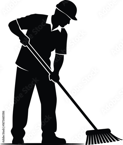 Cleaning and Sweeping Worker with a Broom and Hard Hat Silhouette