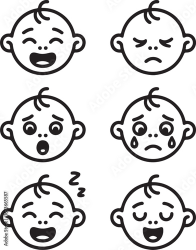 Baby Emotions Outline Icon Pack – Joy, Anger, Sadness, Surprise, and Sleepiness