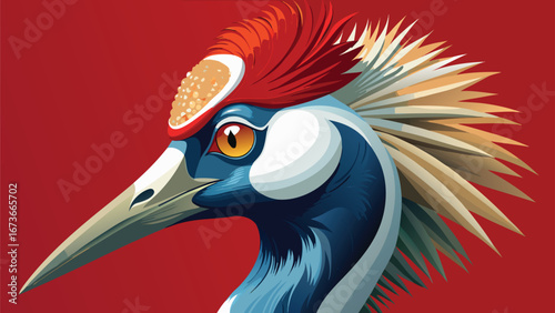 A white heron depicted in a painting, accented by bold red and orange splatters, creating a striking visual contrast..eps