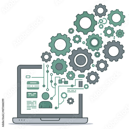 Creative representation of application development and system automation with cogs and gears flowing from a computer screen