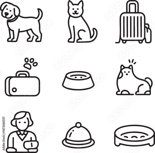 Animal-Friendly Hotel Vector Line Icons – Pets, Luggage, Food, and Reception Services
