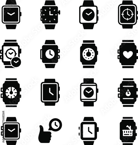 Collection of various smartwatch and watch icons in black silhouette