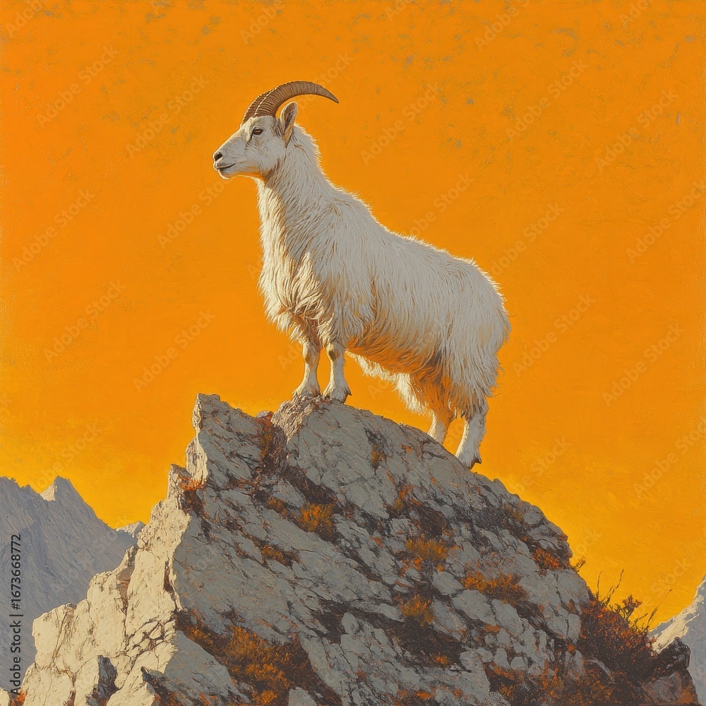 Fototapeta premium A majestic white goat stands atop a rocky peak, silhouetted against a vibrant orange sky, showcasing its strength and grace in a stunning natural landscape.