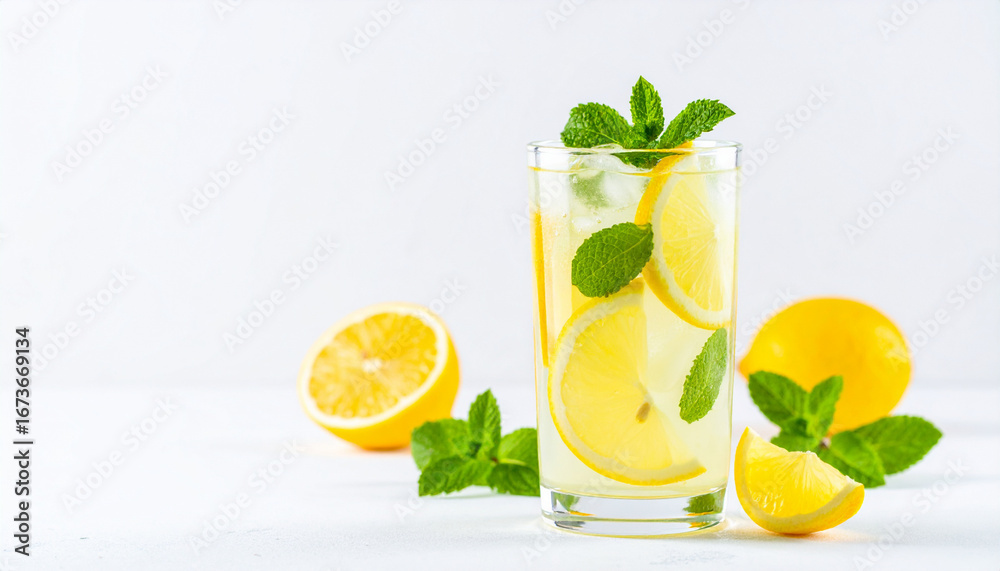Fototapeta premium Refreshing lemonade drink with ice and mint sprigs on a white surface