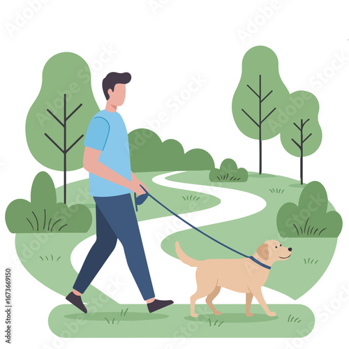A serene illustration of a man and his pet dog enjoying a daily stroll along a winding path in a green park