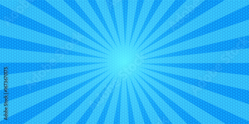 Comic background. Pop art texture. Starburst cartoon style. Anime design with explosion effect for print. Fun dot pattern. Blue backdrop with halftone gradient. Funny line frame. Vector illustration