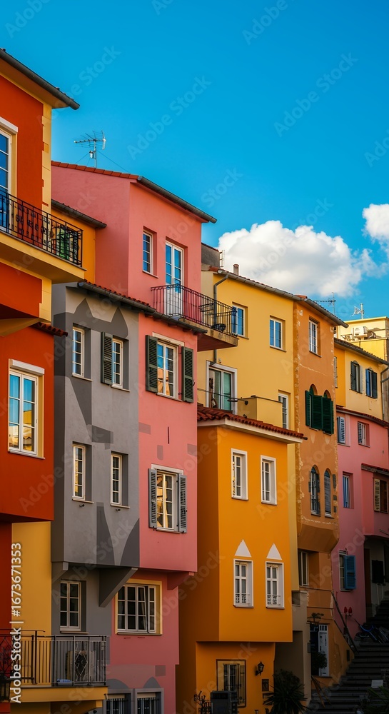Fototapeta premium Row of Colorful European Townhouses with Balconies Under Blue Sky, Vibrant Mediterranean Architecture