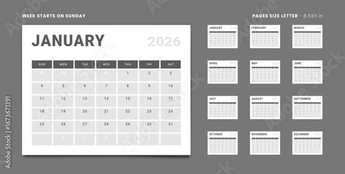 Set of 12 Pages Monthly Calendar Planner Templates with Logo Company on 2026 year. Vector mockup of wall or desktop organizer grid with the week start on Sunday ready print. Pages Letter -8.5x11 in