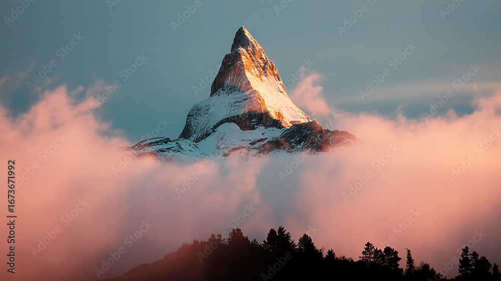 Fototapeta premium Majestic Matterhorn Peak Emerging from Clouds at Sunrise A Breathtaking Alpine Landscape