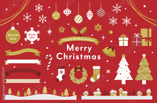 クリスマスのイラスト素材とフレームのセット　飾り　装飾　あしらい　クリスマスツリー　プレゼント　結晶