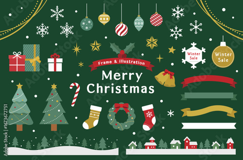 クリスマスのイラスト素材とフレームのセット　飾り　装飾　あしらい　クリスマスツリー　プレゼント　結晶