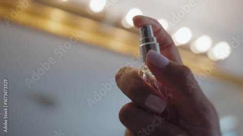 Close Up of Latina Woman's Hands Applying Perfume During Beauty Routine