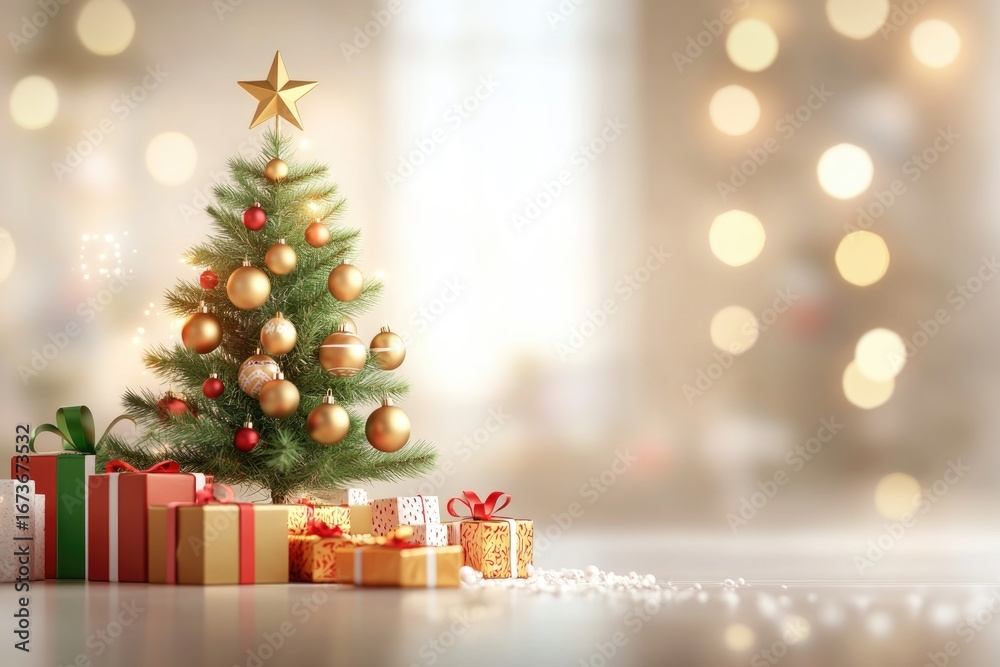 Obraz premium Festive christmas tree with gold ornaments and gifts in cozy holiday setting