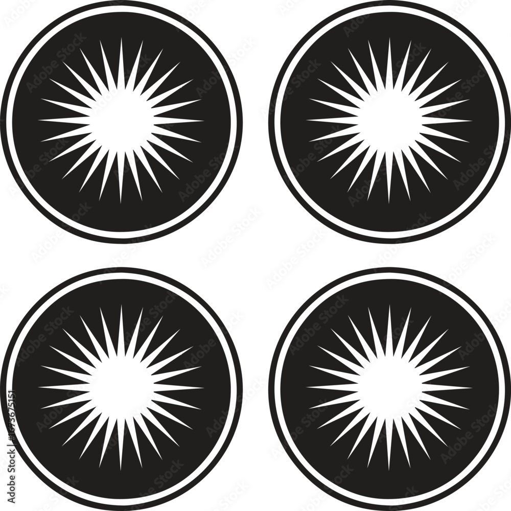 Fototapeta premium Four black and white sunburst circular symbols