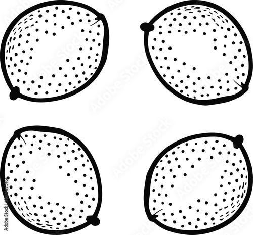 Four spores with dot details, black and white