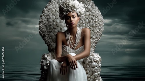 Mystical queen in silver crown symbolizing Venus and lunar zodiac energy, ethereal cosmic portrait.