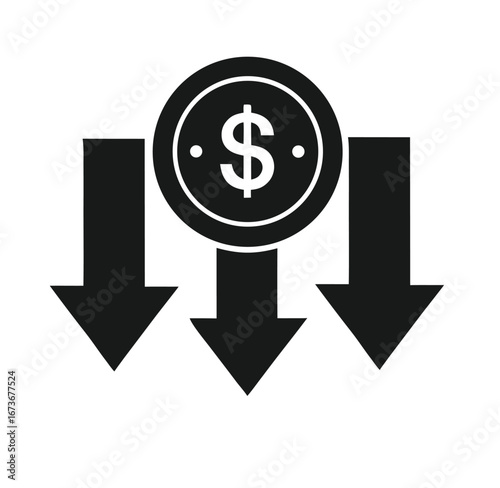 Currency Decline Icon – Banknote or Coin with Downward Arrow Symbolizing Financial Loss.