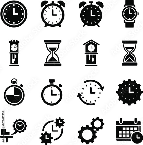 Collection of timekeeping icons featuring clocks watches and calendars